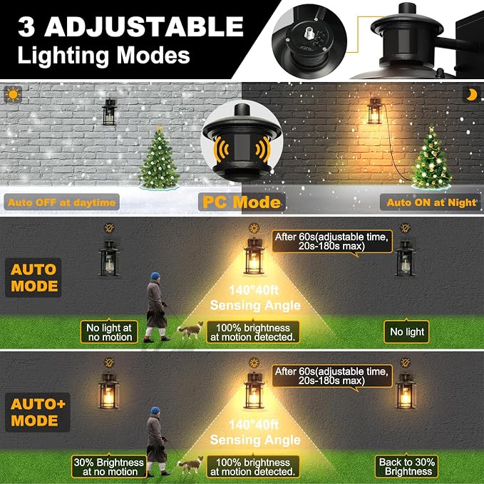 Retro Industrial Black Outdoor Wall Lights with GFCI Outlet - Dusk to Dawn & Motion Sensor Porch Light, 3 Modes, Waterproof Anti-Rust Exterior Sconce for Porch,Garage, Patio, House