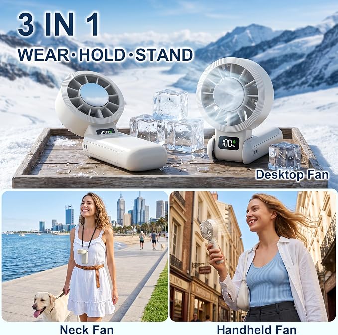 Handheld Portable Fan with Ice Cooling Rechargeable 5.5m/s Speed | 5-Speed, Independent Switch, Digital Display, Foldable Personal Fan for Travel/Concerts/Sport Events/Gifts