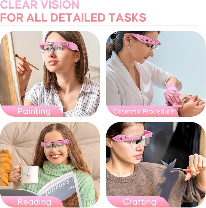 Magnifying Glass with Light, 1.5X-5.0X Magnifying Glasses 4 Lenses | Detachable,Light Weight Acrylic Lens, Rechargeable, Adjustable Magnifier Headset, Magnify Glasses for Close Work Crafts Hobby