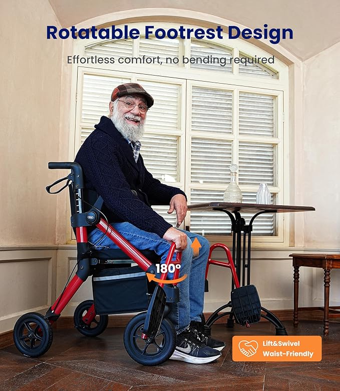 VOCIC Walkers for Seniors, Z55 2 in 1 Walker Wheelchair Combo, No-Bend Footrest, Rollator with 10" All Terrain Big Wheels, Transport Wheelchair Foldable, Rollator with Seat & Brakes, Storage Bag