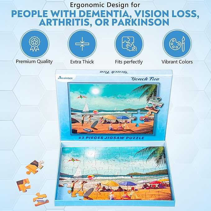 Assistex Large Piece Jigsaw Puzzle for Seniors with Dementia with Conversation Prompts, Large Piece Memory Game for Adults, Elderly, and Dementia Patients – Beach Puzzle, 63 pcs