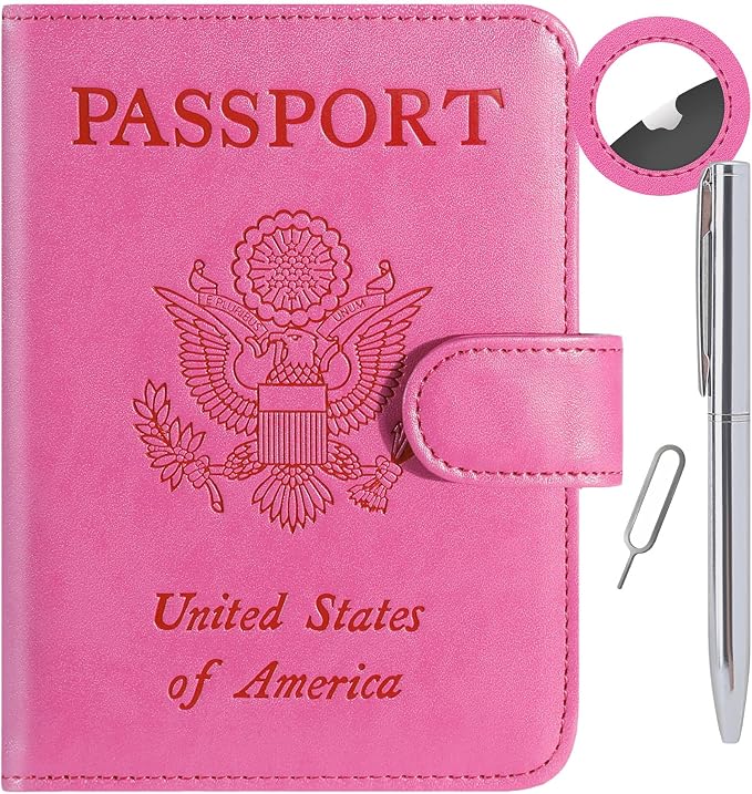 Airtag Passport Holder Cover Wallet RFID Blocking Leather Case Travel Essentials Luggage Accessories Travel Must Have(118#Pink)