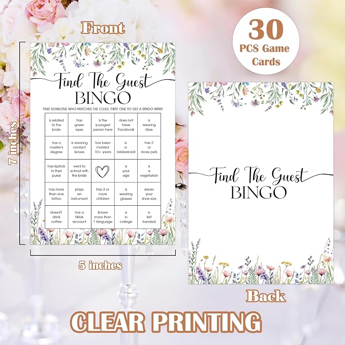 Wildflower Bridal Shower Games, Boho Flowers Find The Guest Bingo Game for 30 Guests with Game Cards, Bridal Shower Decor, Wedding Decorations Supplies (27)
