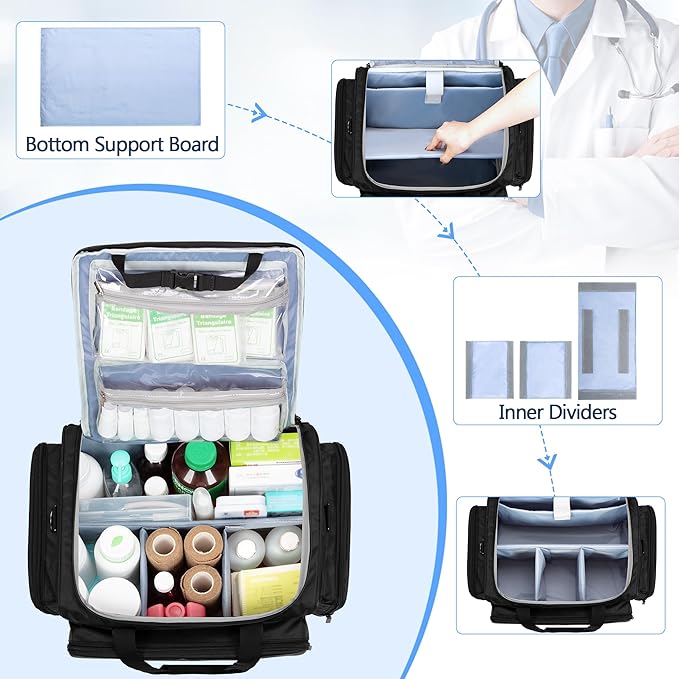 Damero Rolling Medical Bag with Detachable Trolley & Cover Fixed Strap | Medical Bag On Wheels with Inner Dividers, Bottom Support Board, Shoulder Strap for Home Health Nurses, Doctors, EMT, EMS