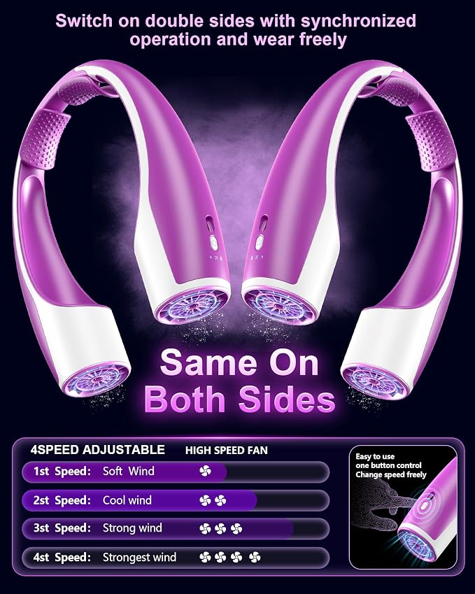 Rohent Neck Fan Portable for Women: High Speed Faster Cooling Neck Fan 4 Speeds Wind - Super Light Ultra Quiet Rechargeable Personal Fan for Fashion Women 13-35Y Girls - Purple