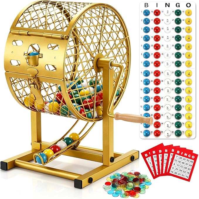 AugFir 12.6" Tall Bingo Game Sets with Steel Cage, Professional Bingo Game for Adults Includes 150 Colorful Chips, 30 Cards and 75 Balls, Great for Fun Family, Large Groups, Parties