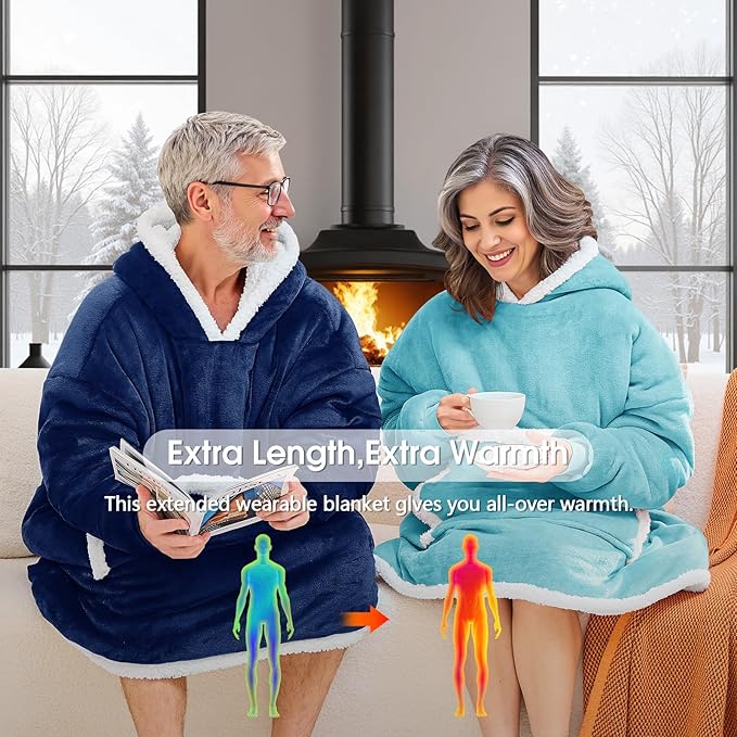 JOYWOO Turquoise Teal Wearable Blanket Hoodie, Oversized Cat Lovers Sweatshirt Blanket for Adult & Teens, Birthday Gifts for Women Men Mom Girl Boys,Cozy Sherpa Fuzzy Blanket Giant Pocket Gifts，Small