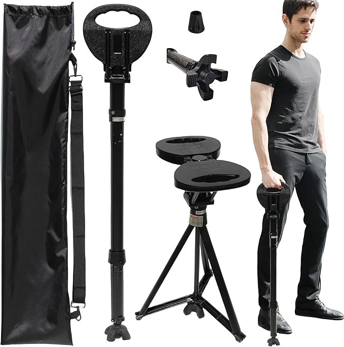 ALEVMOOM Folding Walking Cane with seat for Men & Women,2-in-1 Adjustable Portable Cane Chair,Walking Stick with Seat for Seniors & Adults,Crutches Stool with Carry Bag for Hiking Traveling
