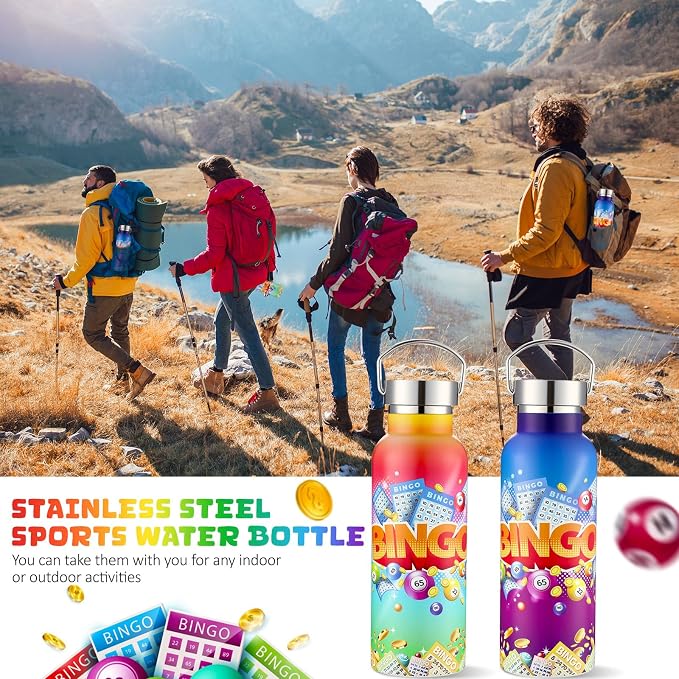 Geiserailie 2 Pack Bingo Tumbler Cups Bingo Prizes Gifts 17oz Stainless Steel Water Bottle Double Wall Insulated Bottle with Handle and Vacuum Seal Leakproof Lid for Seniors Adults Party