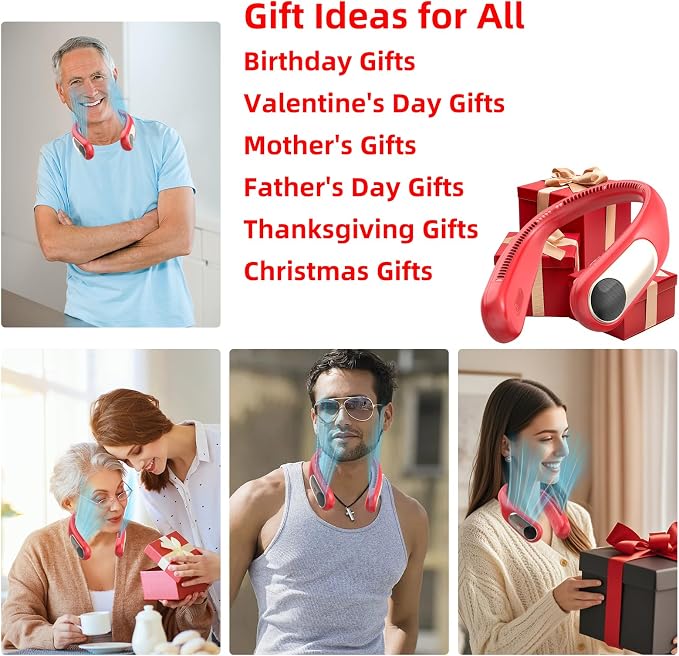 Portable Neck Fan, Personal Wearable Bladeless Fan for Outdoor Indoor, LED Display, 360° Cooling, 4-Speeds, 6000mAh USB Rechargeable, Birthday Gifts for Men Women Dad Mom (Red)