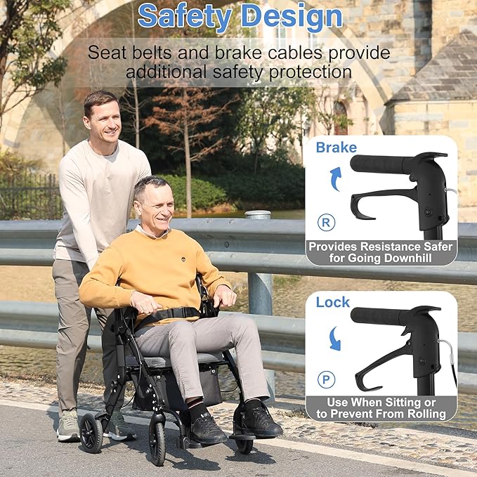 Rollator Walkers for Seniors with Seat, Walker Wheelchair Combo, 2 in 1 Rolling Walker Transport Wheelchair Lightweight Foldable, 10" Big Wheels Transport Chair with Brakes,Grey