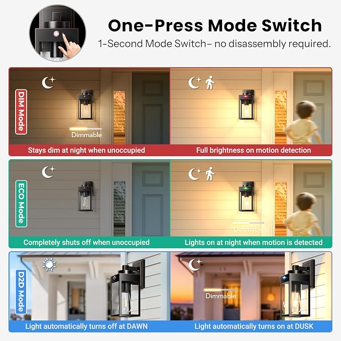 Gleamz Motion Sensor Outdoor Wall Light Fixtures, Anti-Rust, Waterproof | Dusk to Dawn Modern Black Gold Trim Exterior Light Fixtures Wall Mount for House, Garage, Coach, Entryway, Waterproof, 2-Pack
