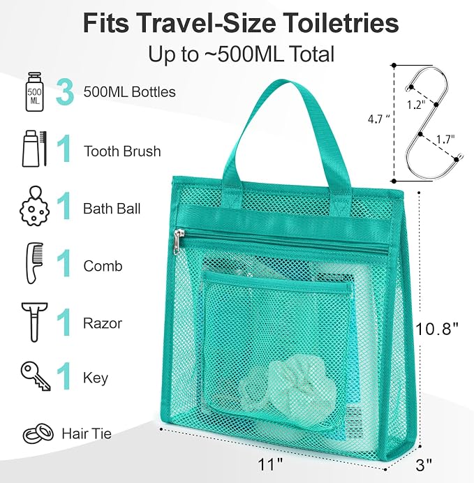 Small Mesh Shower Caddy Portable - Zipper Gym Travel Shower Bag, Mint Green | 3 Pockets, Quick-Dry Mesh, S-Hook, Hanging Shower Caddy for Toiletry Essentials, Bathroom & Camping