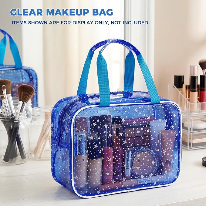 Clear Deep Blue Star Large Makeup Bag with Star Pattern (12x5x8 inches), Travel Cosmetic Bag with Handle, Durable PVC Material, Zipper Opening Design—Ideal for Makeup Travel Organization or Gym Use