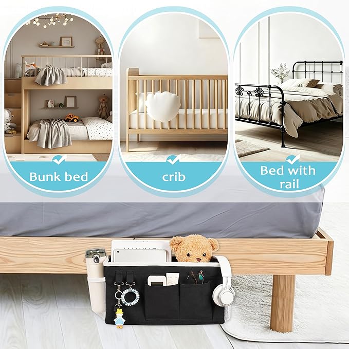 Bedside Caddy, Bedside Storage Bag Hanging Organizer for Bunk Dorm Bed Rail | Bed Caddy with Hooks, Top Bunks and Dorm Essentials for Water, Tissues, Tablets, Books, Phones, Remotes and Other Necessories