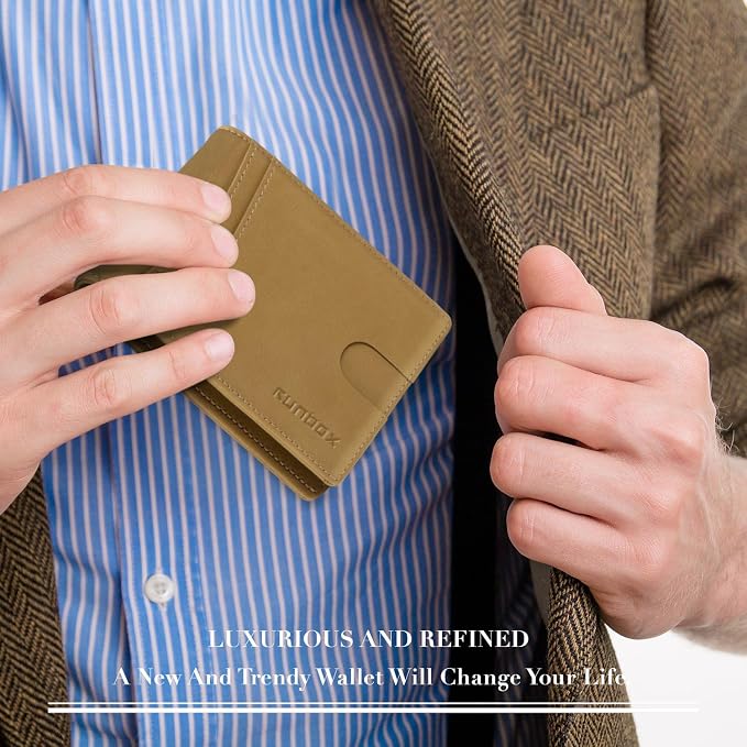 RUNBOX Wallet for Men -Slim Rfid Leather Mens Bifold Novelty Wallets 2 ID Window With Gift Box Men's Accessories | Minimalist Front Pocket Design, Holds 15 Cards, Large Capacity with Cash Pocket,Compact and Thin, Birthday Gifts for Men