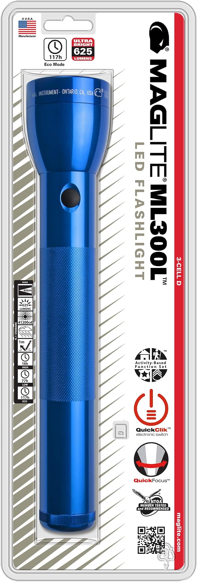 MagLite Battery-Powered LED Flashlight – ML300L 3-Cell D Flashlight with Adjustable Focus, Precise Beam, Long Battery Life, Water-Resistant for Emergency, Outdoor, and Camping