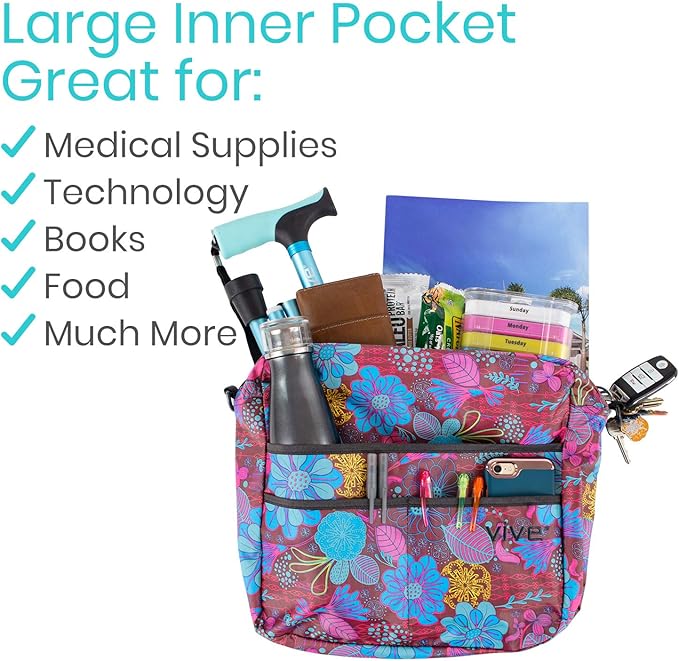 Vive Wheelchair Bag - Machine Washable, Double-Stitched, Water-Resistant Accessory Backpack for Rollators, Wheel Chairs, Walkers - Pouch with XL Pockets & Straps for Quick Installation
