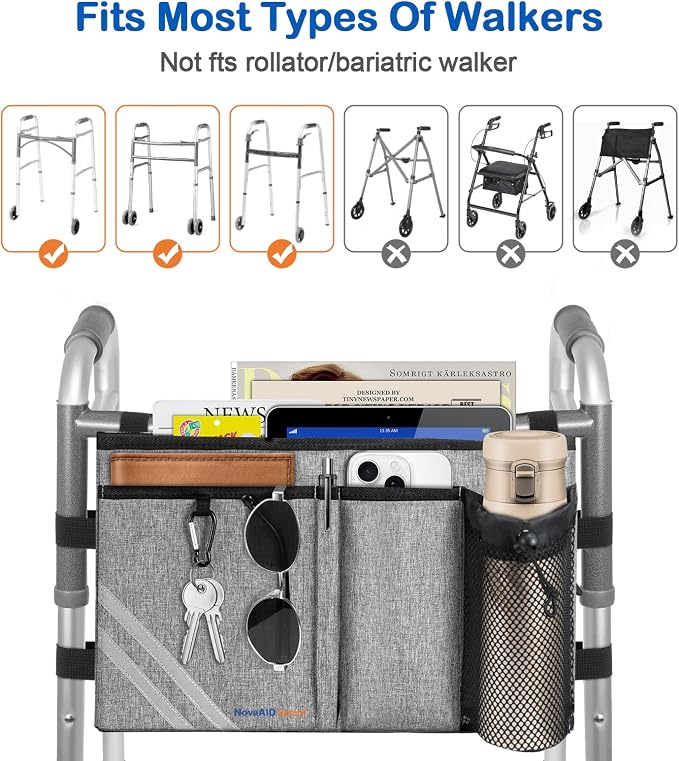 Walker Bag with Cup Holder, Foldable Walker Organizer, Large Capacity Storage with Reflective Strips, Water-Resistant Walker Pouch (Grey)
