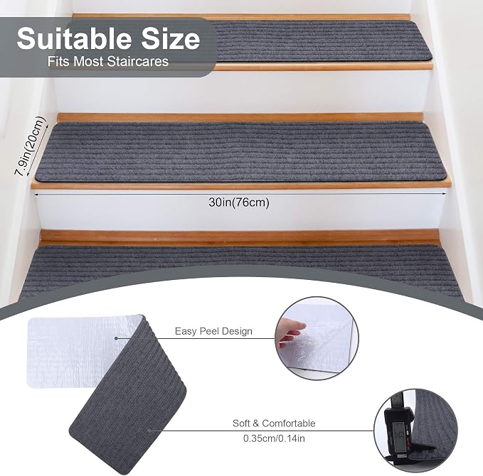 7 PCS Non Slip Stair Treads for Wooden Steps – 8"x30" Indoor Non Slip Stair Treads, Carpet Stair Mats with Self-Adhesive Backing, Removable & Machine Washable – Dark Grey