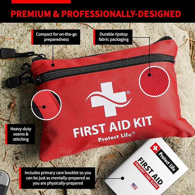 Protect Life Doctor Developed Mini First Aid Kit, 100 Piece Waterproof Emergency Kit for Car, Boat, Camping & Travel, Includes Emergency Blanket & First Aid Guide