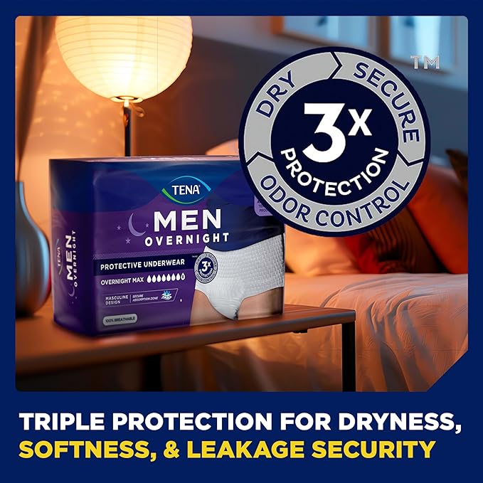 Tena Men Protective Incontinence Underwear for Men, Overnight Max, XL, 56 Count (Waist Size 45in-58in)