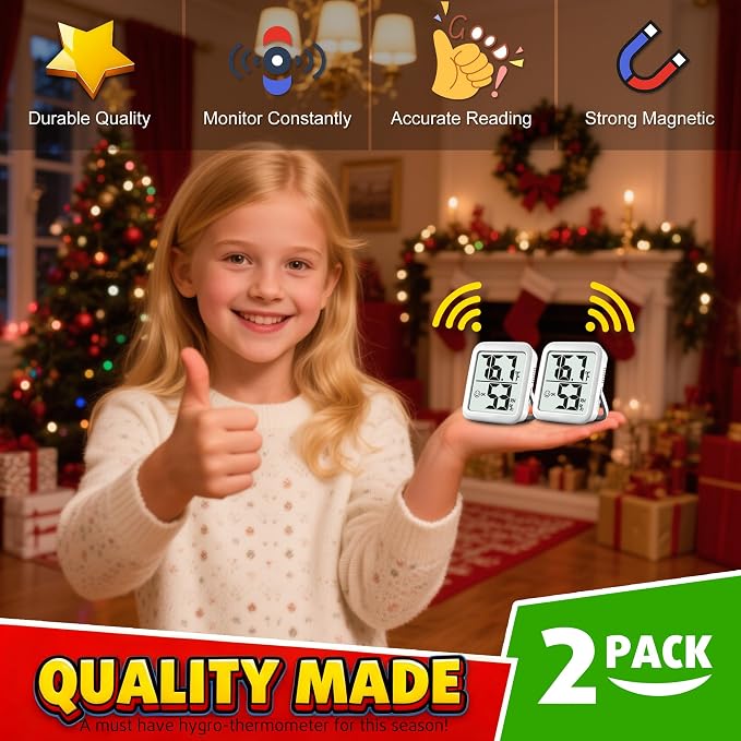 2 Pack Room Thermometer Indoor Hygrometer | Monitor Temperature & Humidity, Accurate, Fast Read, Easy To View, Magnetic/Kickstand/Hanging, ℉/℃, w/ Battery, Compact