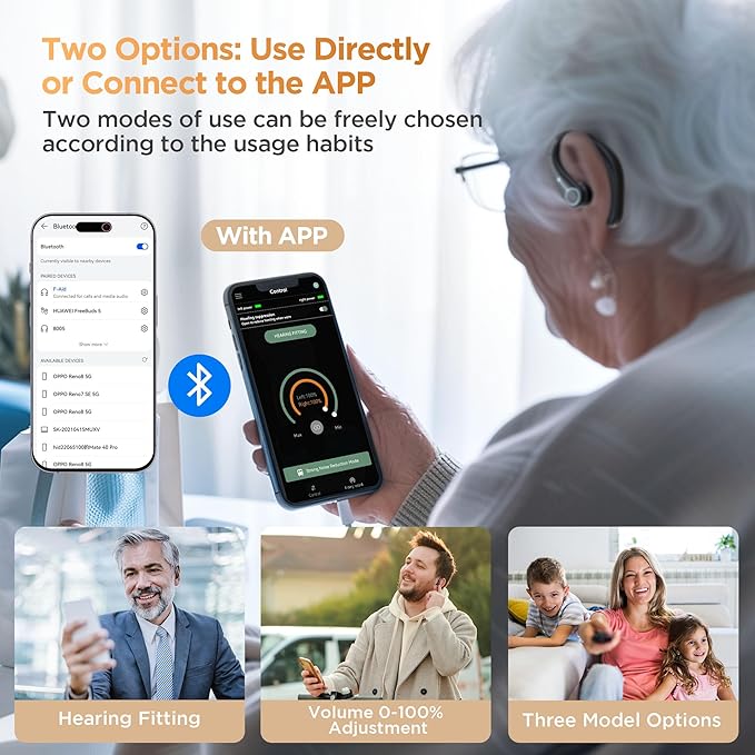 Hearing Aids, Hearing Aids for Seniors with Bluetooth, Rechargeable Hearing Aid with APP for People with Hearing Loss, 5 Levels of Volume Automatic Noise Cancellation, Clear Sound and Easy to Use