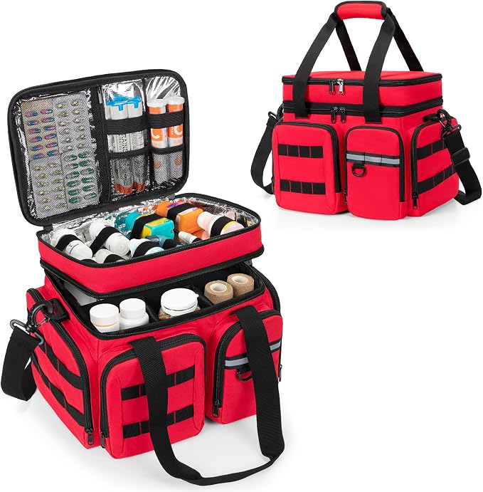 Marscamd Medicine Organizer Bag with Insulated Pocket, Red (Bag Only) | Pill Bottle Storage Bag with 4 Customized Dividers & Shoulder Strap for Medication, Insulin and First Aid Supplies