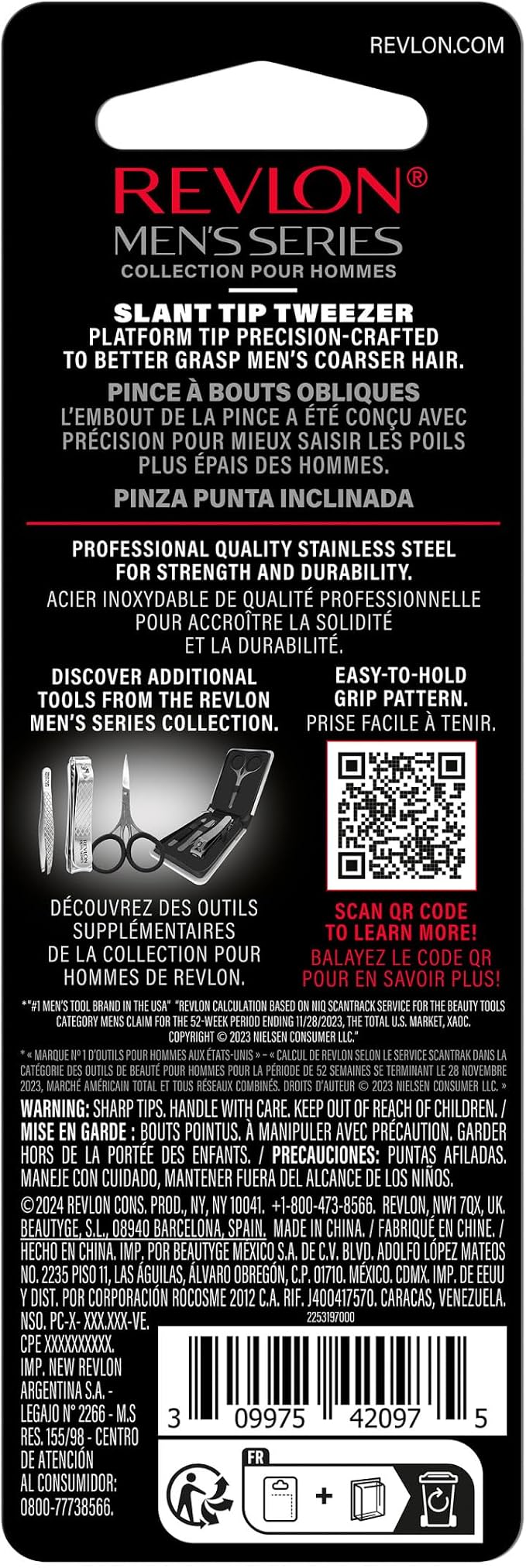 Revlon Slanted Tip Tweezers for Men, Ultra-Sharp for Precision Eyebrow Shaping and Facial Hair Removal, Larger Non-Slip Grip, Stainless Steel, 1 count