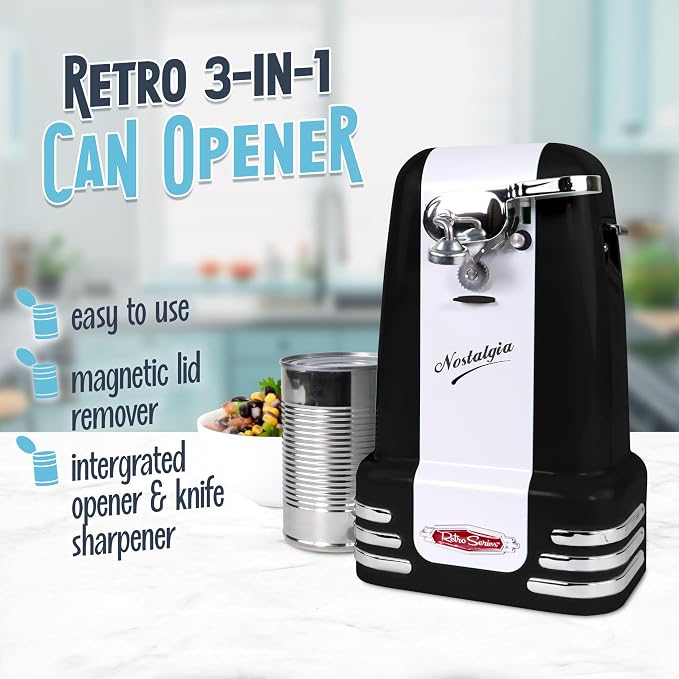 Nostalgia Retro Electric Can Opener for Kitchen with Magnetic Lid Remover, Knife Sharpener, and Soda or Beer Bottle Opener, Black