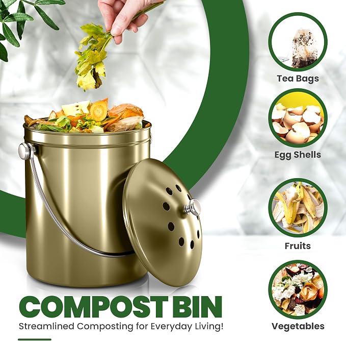 Utopia Kitchen Countertop Compost Bin 1.3 Gallon, Stainless Steel, Gold | Odorless countertop compost bin with charcoal filter, ideal for food scraps and waste
