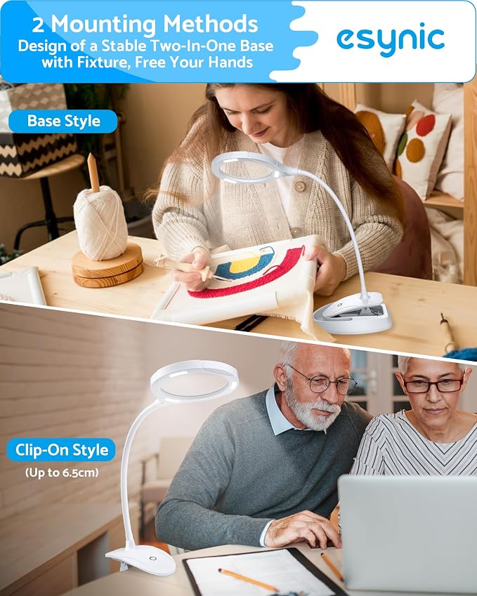 eSynic Desktop Magnifying Glass with 15 LED Lights-800mAh Rechargeable | 5X & 10X Acrylic Lens-3-Level Dimmable-Flexible Gooseneck-Clamp & Base Stand – for Reading/Soldering/Crafts/Elderly