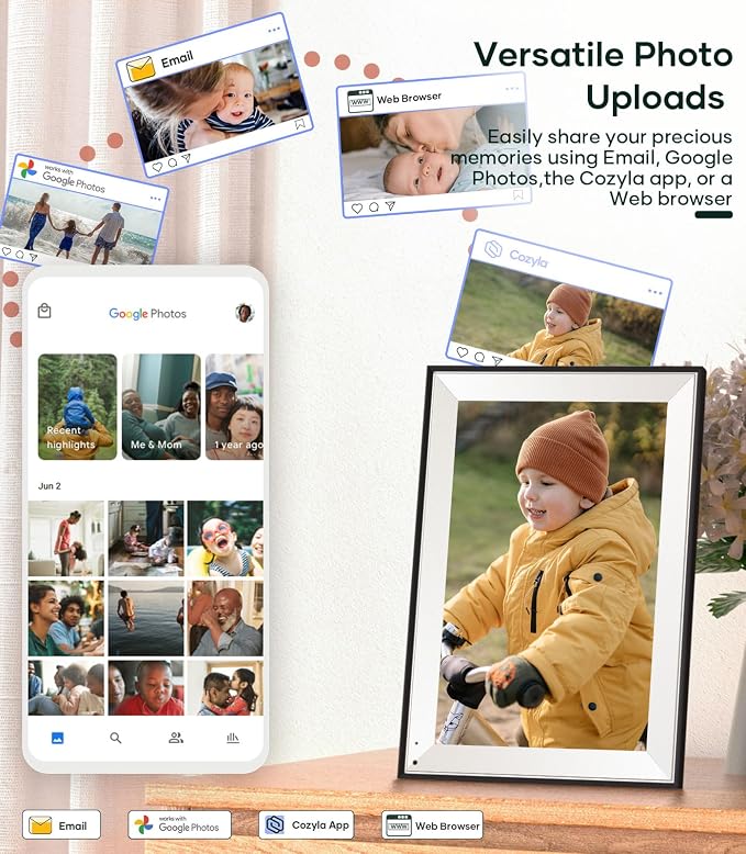 Cozyla Frame: 10.1" WiFi Digital Picture Frame Mat – No Subscription & Unlimited Storage, Support Long Video, Electronic Photo Frame Gift for Family, Share Picture via Google Photos, App, Email, Web