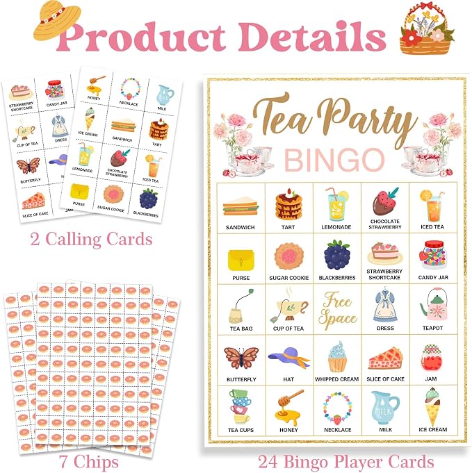 Tea Party Bingo, 24 Players Bingo Game Set for Girls Adults, Tea Party Bingo Games for Bridal Shower, Bachelorette, Wedding, Engagement Party, Tea Party Decorations