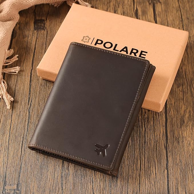 Polare Full Grain Leather Pilot Wallet Passport Holder RFID Blocking Tri-fold Travel Cover Document Organizer for Aviation Professionals (Dark Brown with AirTag Slot)