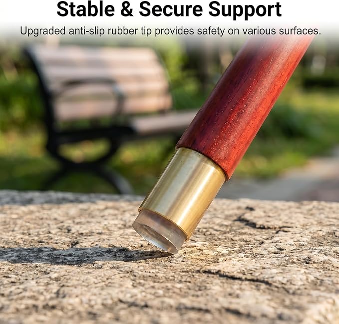 Handcrafted Solid Wood Walking Cane, 3-Section Detachable Brass Joints, Heavy Duty 400+ lbs Support, Lightweight 0.88 lbs, Anti-Slip Rubber Tip, 34.6 in