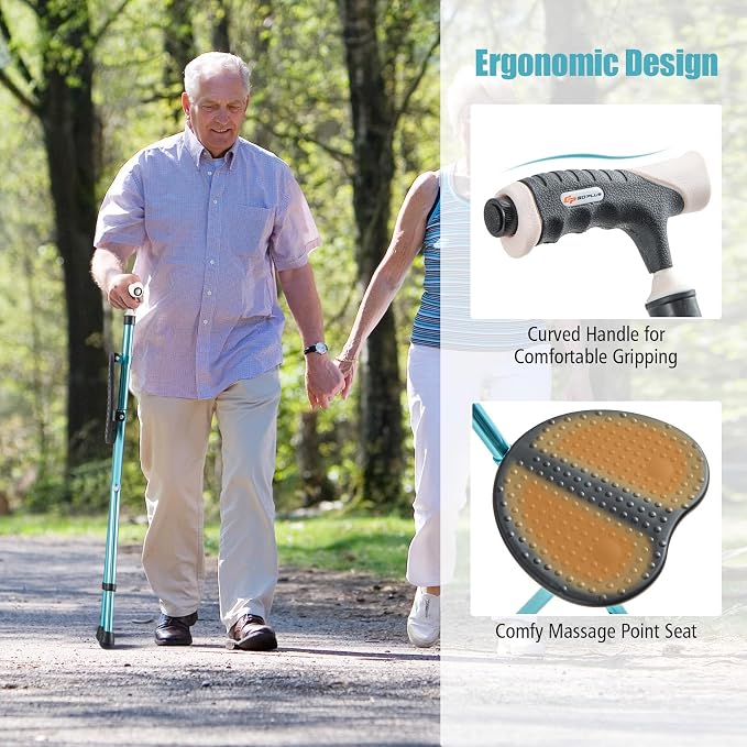 Goplus Walking Cane with Seat, Heavy Duty Aluminum Alloy Crutch Chair with LED Light and Retractable 3 Legs, Portable Anti-Slip Seat Cane, Lightweight Walking Stick for Seniors Elderly