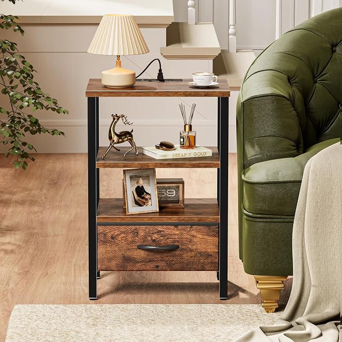 SUPERJARE Nightstand with Charging Station, Bed Side Table with Adjustable Fabric Drawer, Night Stand for Bedroom, 3-Tier Storage End Table, for Living Room, Rustic Brown | Night Stand for Bedroom, with Adjustable Fabric Drawer, 3-Tier Storage End Tabl...