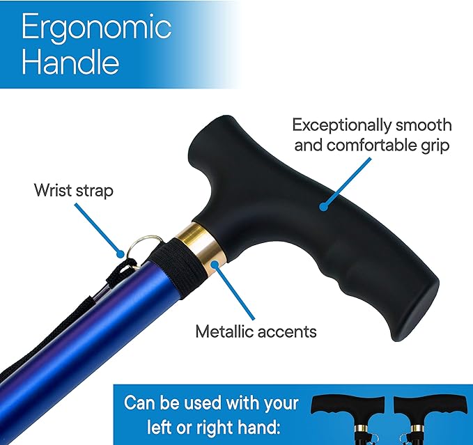 RMS Folding Cane - Foldable Walking Cane with Adjustable Height - Collapsible and Lightweight - Soft Ergonomic Handle for Comfortable Grip - Portable Walking Stick for Mobility Aid