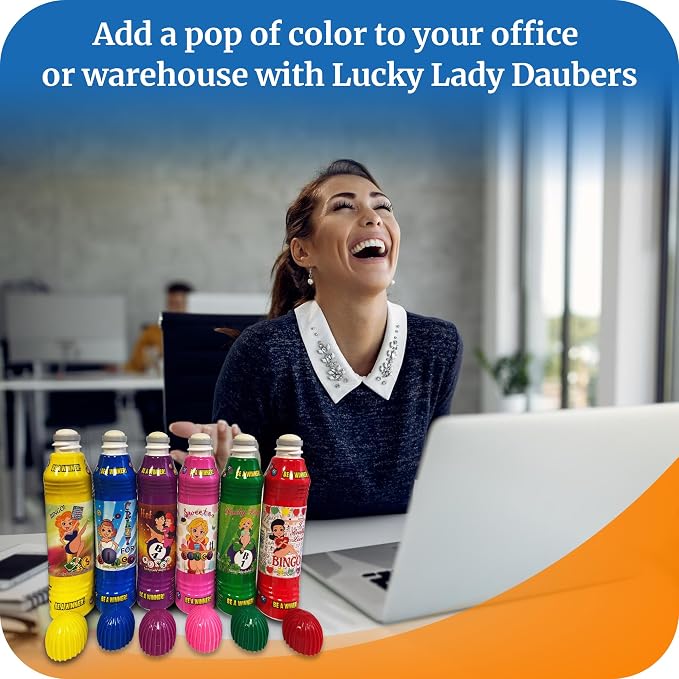 Lucky Lady Bingo Daubers for Adults - 6-Pack Assorted Colors Bingo Markers - Smooth & Even Application, Non-Drip & Quick-Dry Formula, Made with Dab-O-Ink
