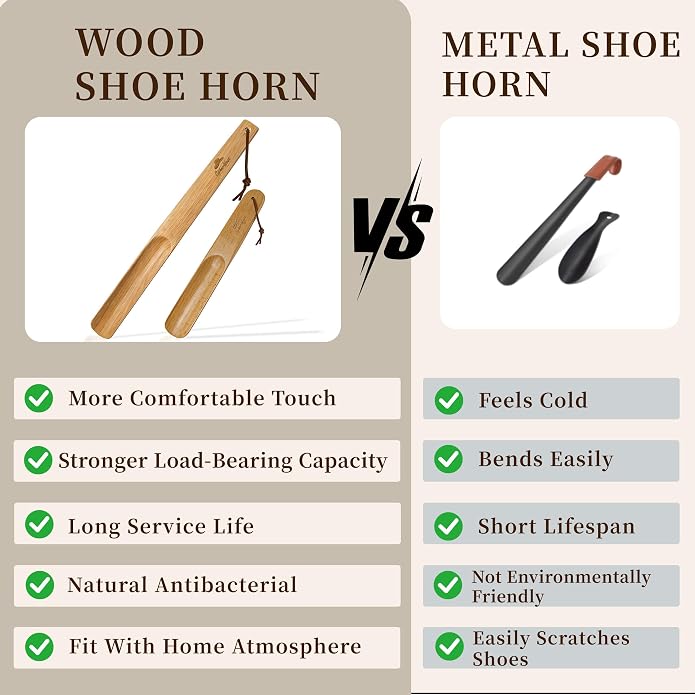 Wooden Shoe Horn Set, 15'' Long Handle for Seniors & Adults, 10.25'' Short Shoe Spoon for Kids, 2-Pack Boot Horn