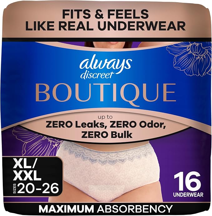 Always Discreet Boutique Black, Reimagined Adult Diapers for Women, Maximum Absorbency Incontinence and Postpartum Underwear Size XL/XXL, Fits and Feels Like Real Underwear, 16 Count