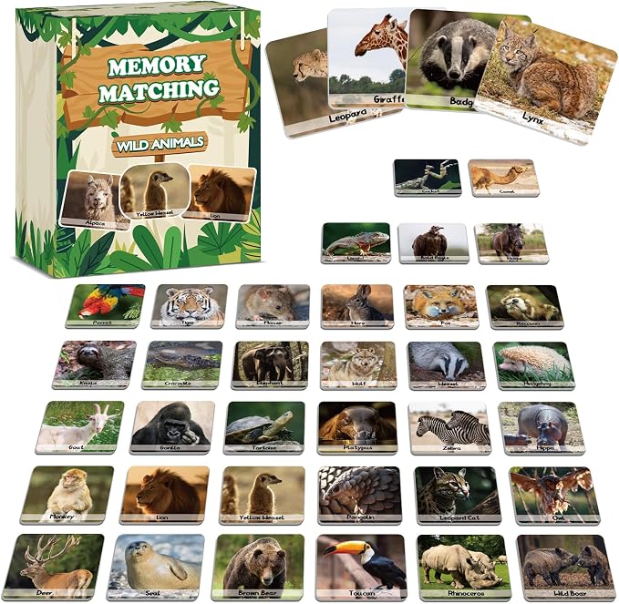 gisgfim 100 PCS Memory Matching Game Wild Animals Concentration Memory Card Matching Games