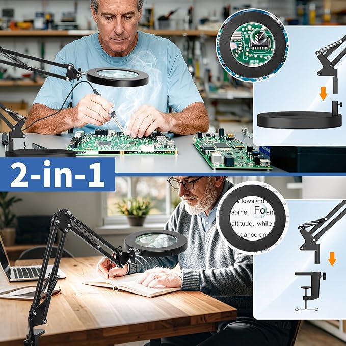 HITTI 30X & 10X Magnifying Glass with Light, 1800 Lumens Stepless Dimmable, 3 Color Modes, 4.2″ Real Glass Lens LED Desk Lamp with Clamp, Magnifier Light and Stand for Craft Reading Jewelry-Black
