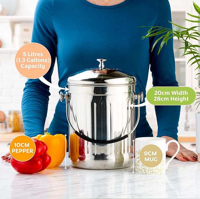 Premium Compost Bin for Kitchen Countertop - Stainless Steel Food Waste Bucket with Innovative Dual Filter Technology - Includes Spare Filters (Brilliant Steel, 1.3 Gallon)