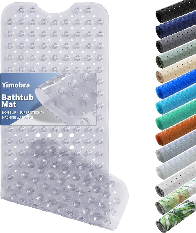 Yimobra Non Slip Bathtub Mat 40"x16", Super Strong Suction Cups, Extra Long Shower Mat with Drain Holes, Machine Washable Fast Draining Bathroom Floor Mat, Clear Grey