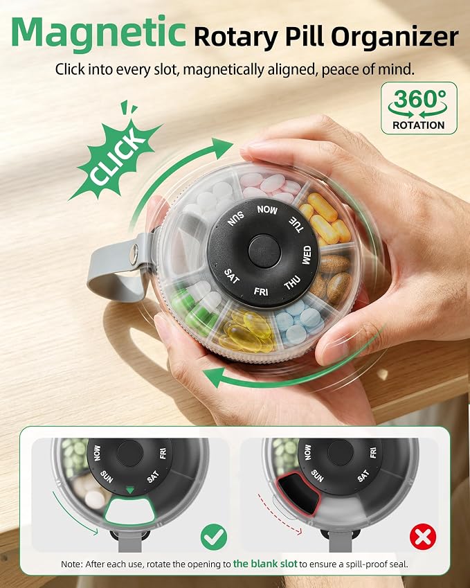 PULIV Portable Weekly Pill Organizer, Magnetic Rotary Design for Easy Use, Small Pill Case with Carry Handle, BPA-Free Travel Pill Box 7 Day for Medications, Vitamins & Supplements