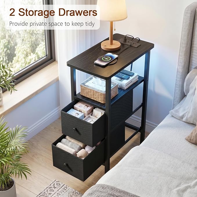 Narrow End Table with Charging Station, Small Nightstand | Skinny Side Tables Living Room with 2 Fabric Drawers, Bedside Table with LED Lights for Bedroom, Small Spaces, Black