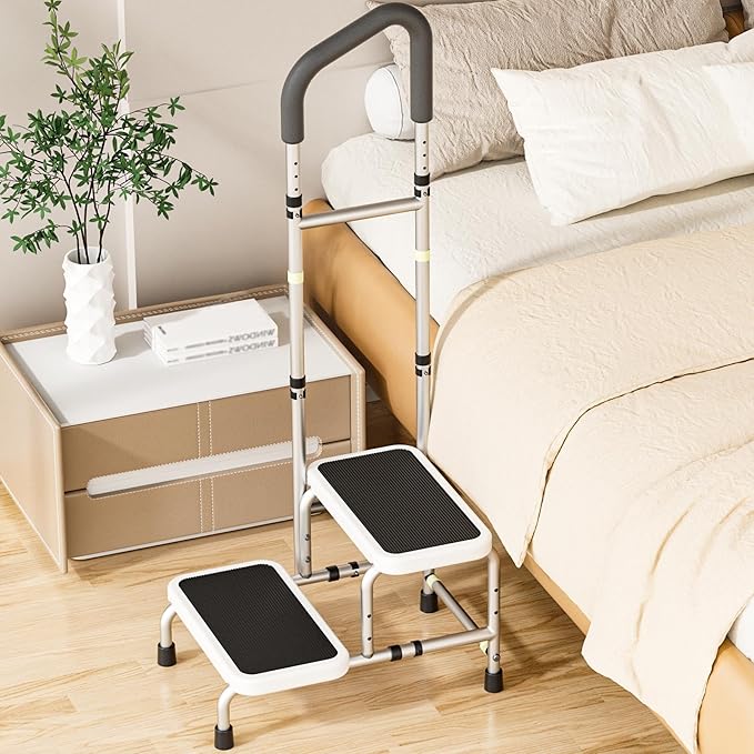 Bed Steps for High Beds for Adults, Heavy Duty Step Stool with Adjustable Handle for Elderly, Large Anti-Slip Platform, Support up to 400lbs, Safety Step Stools for Bathroom, Outdoor & Car Use